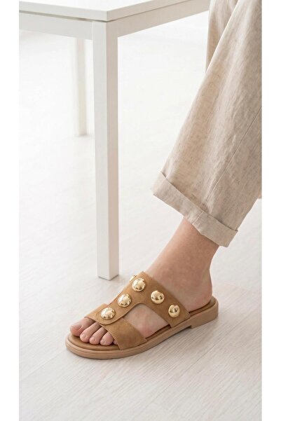 Adım Dünyası Γυναικείες Παντόφλες Χρυσό Κουμπί Σουέντ Πέτρινη Μαλακή Σόλα Πέτ...