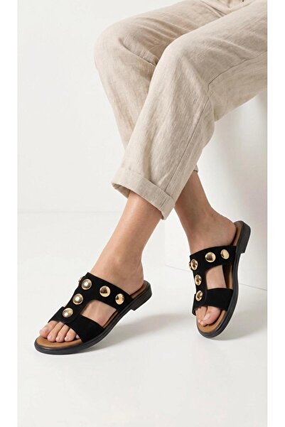 Adım Dünyası Γυναικείες Παντόφλες Χρυσό Κουμπί Σουέντ Πέτρινη Μαλακή Σόλα Πέτ...