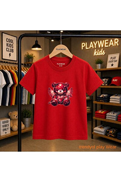 playwear Işıkdak Red Angel Wing Bear Printed 100% Kids Unisex T-Shirt 5 6 -7 ...