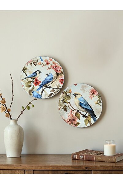 unique florya Dekoratif Duvar Tabağı 2’li set KUŞ ÇİÇEK DESENİ 26 cm El Yapım...