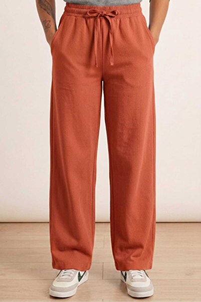 PORİENTO Kiremit 4 Season Elastic Waist Lace-Up Wide Leg Gabardine Women's Tr...