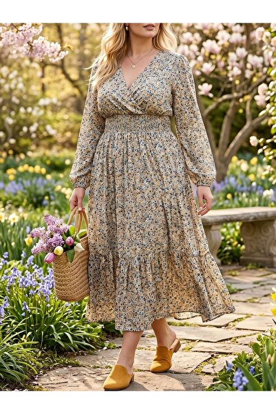 Iuliashop Inna Cream Floral Midi Dress - Plus Sizes - 44