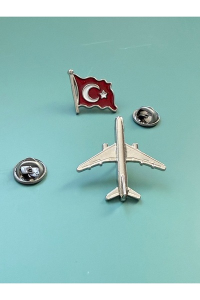 Cacamod Türk Bayrağı ve Uçak Rozeti 2 li Set Airplane Pilot Hostes Broşu ( Gü...