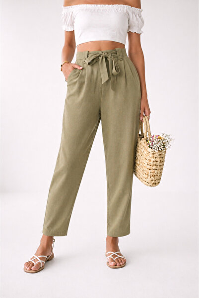 Hazel Γυναικείο Παντελόνι Καρότο από Λινό Χακί με Ζώνη