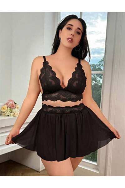 Aria's Closet Arias Closet Özel Tasarım Büyük Beden Siyah Dantel İşlemeli Dek...