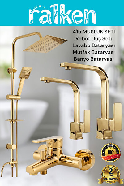 RALKEN 4’lü Batarya Seti Gold Altın Pirinç Banyo Lavabo Kare Mutfak Eviye Mus...