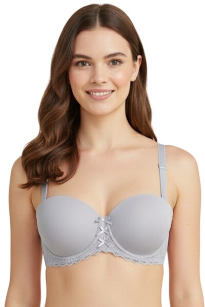 hadiora Women's Gray Lace Detailed Underwire Bra with Ribbon Detail