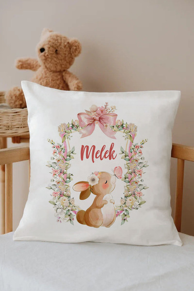 Name Only100% Cotton Nursery Throw Pillow Case -Wreath Rabbit