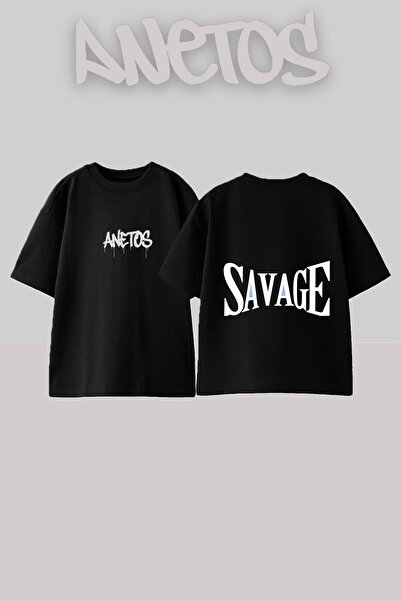 Anetos Μπλουζάκι Savage Text Design με στάμπα στην πλάτη, βαμβακερό, μαύρο, o...