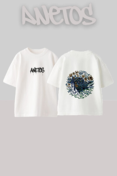 Anetos Μπλουζάκι Starry Night Design με στάμπα από βαμβακερό λευκό oversize