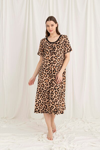Miss Meryem Smeđa haljina sa leopard printom i prstenom, kratkih rukava, od v...