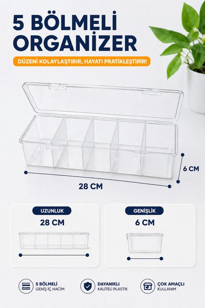 Poomy 5 Bölmeli Kapaklı Organizer Kutu 2’li Set – Şeffaf Çok Amaçlı Düzenleyici Takı Makyaj Hobi Saklama Kutusu