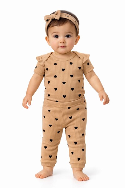 Chicsy Baby Kız Bebek Kalp Desenli Fitilli 3lü Takım Zıbın Tayt Bandana