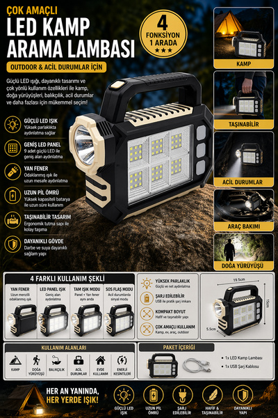 AYACO 300W Solar Kamp Lambası 10 Modlu Şarjlı LED Işıldak Powerbank Özellikli...