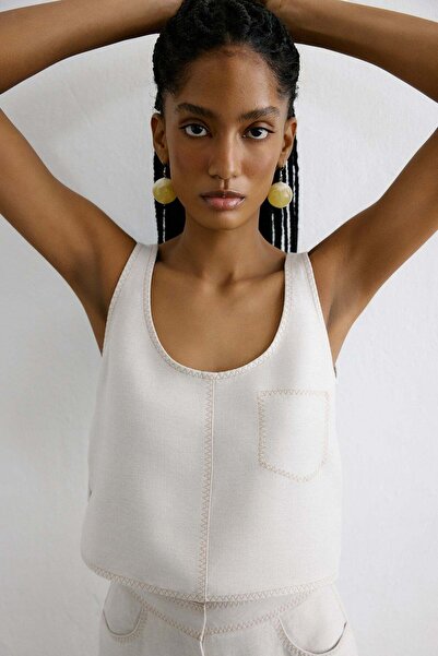 Rue Studio Keten Karışımlı Crop Bej Bluz