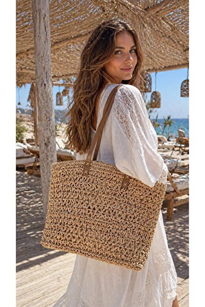 BALIENTE Γυναικεία τσάντα από ψάθα πλεκτή στο χέρι με δερμάτινες λαβές σε χρώ...