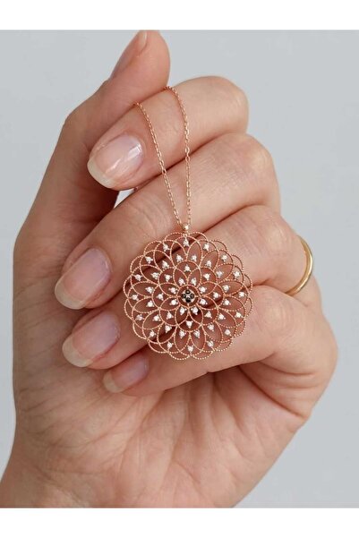 925 Ayar Gümüş Yaşam Çiçeği Kolye Zirkon Taşlı Mandala Tasarım Rosegold Kaplama Kadın Kolye