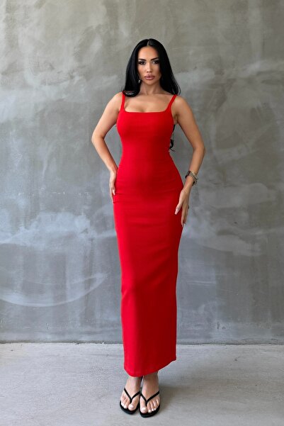 OKSOCOLLECTİON Kare Yaka Askılı Uzun Elbise