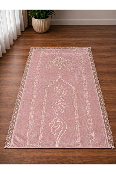 Hig Store Elegance Kadife Fransız Güpürlü Nakışlı Seccade.Pembe. 70x110
