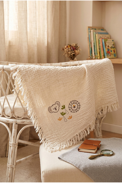 Wheeppo %100 Pamuk 4 Katlı Müslin Bebek Battaniyesi - Nakışlı - 100x110 cm