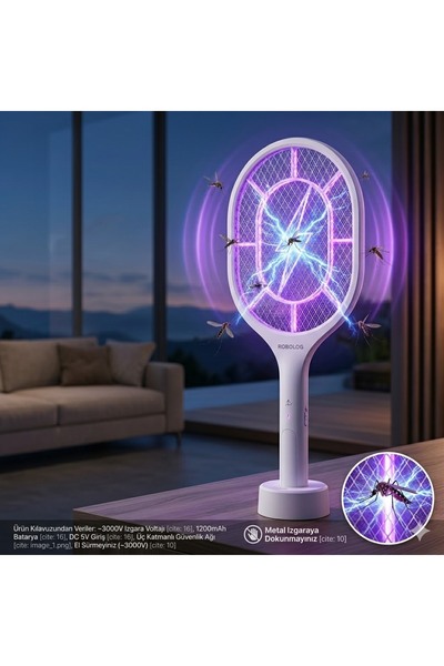 ROBOLOG KT-022 Şarjlı Raket Uv Işıklı Elektrikli Sivrisinek Öldürücü Sinek Öl...
