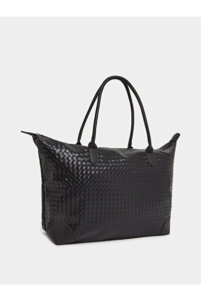 Styli Black Woven Faux Leather Tote Bag