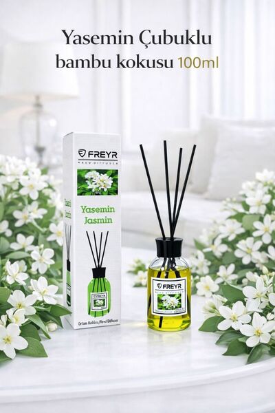 FREYR Oda Kokusu Çubuklu 100 ml Yasemin Çubuklu Oda Kokusu ve 1 Litre Yedek Dolum Likiti Bambu Çubuklu Ortam Kokusu Seti