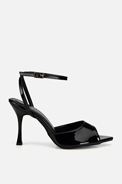 Yaya by Hotiç Women's Black Pointed Toe Patent Leather High Heels Sandals