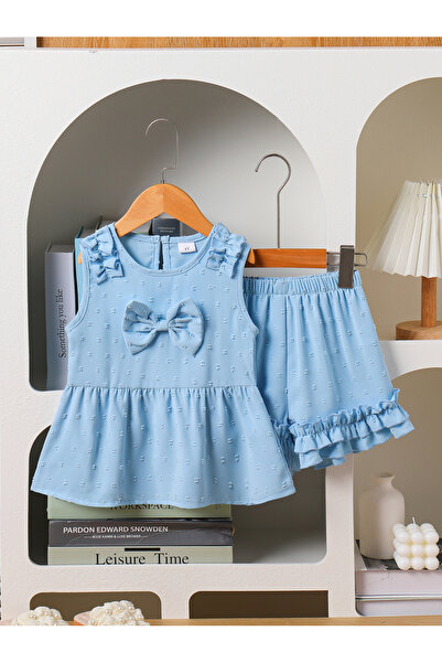 Take Two By Styli Girls Blue Bow Top and Ruffle Shorts Set