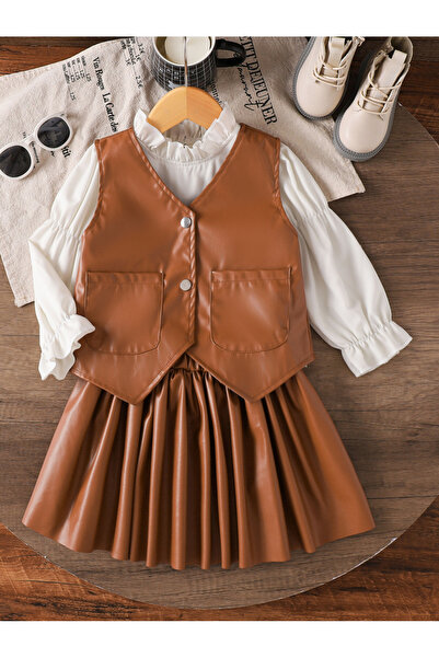 Take Two By Styli Girls Brown Faux Leather Vest and Skirt Set