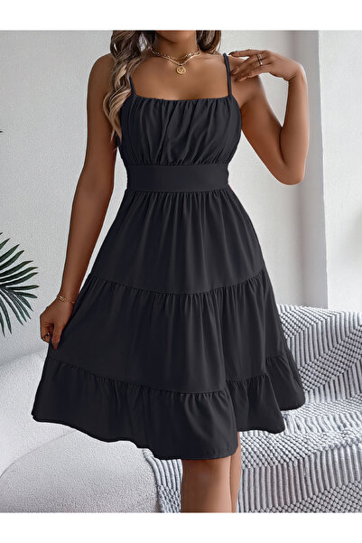 Take Two By Styli Black Tiered Cami Knee Length Dress
