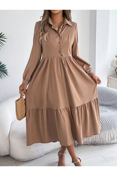 Take Two By Styli Beige A-Line Midi Dress with Long Sleeves