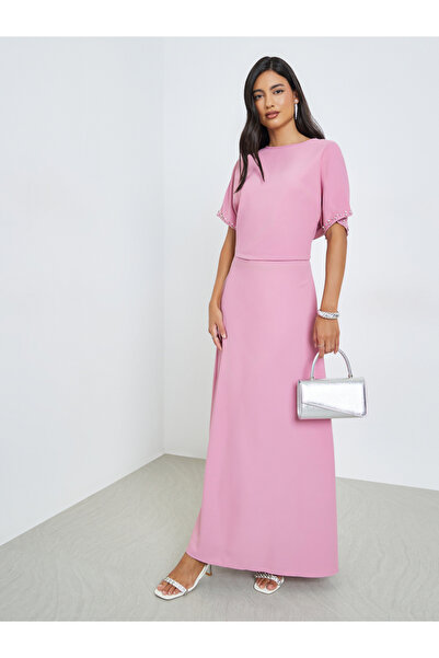Styli Pink Embellished Short Sleeve Top and Maxi Skirt Co-Ords