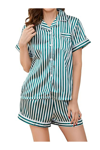 Take Two By Styli Green Striped Buttoned Shirt and Shorts Set