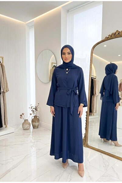 wishne Women's Belted Skirt Blouse Set - Aerobin Fabric Hijab Set