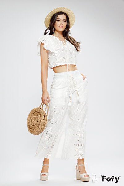 Fofy Bluza dama alba de vara premium din bumbac brodat cu elastic in talie si...