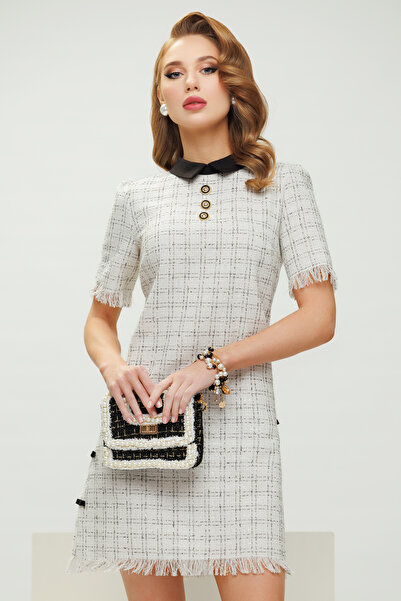 Fofy Rochie eleganta din tweed alb premium in carouri cu fundite laterale si ...