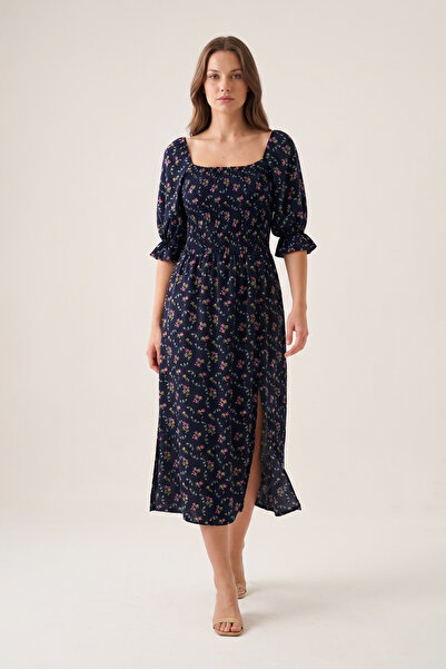 LAbute Square Neck Ribbed Detailed Slit Viscose Midi Dress