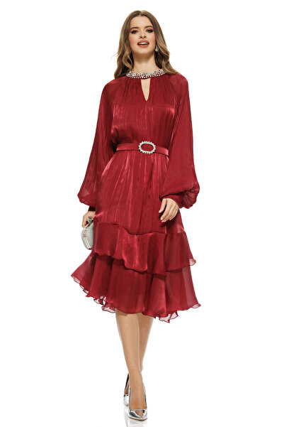 Fofy Rochie eleganta de ocazie din voal satinat bordo premium cu aplicatii de...