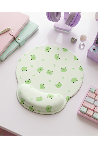 matizya Minimal Kurbağa Desenli Bilek Destekli Mousepad – Pastel Yeşil Kawaii...