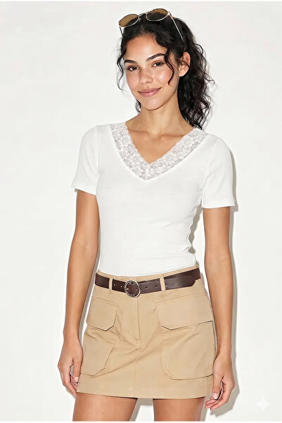 Bluebis Lace Detailed V-Neck T-Shirt Blouse