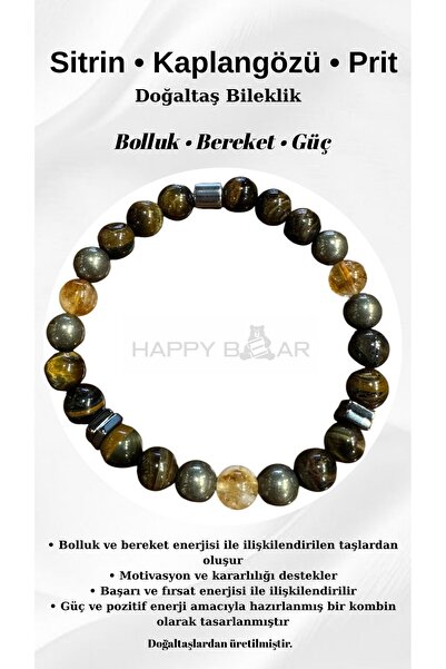 Happy Bear سوار سيترين - عين النمر - حجر البيريت الطبيعي للرجال 8 ملم |   حجر...