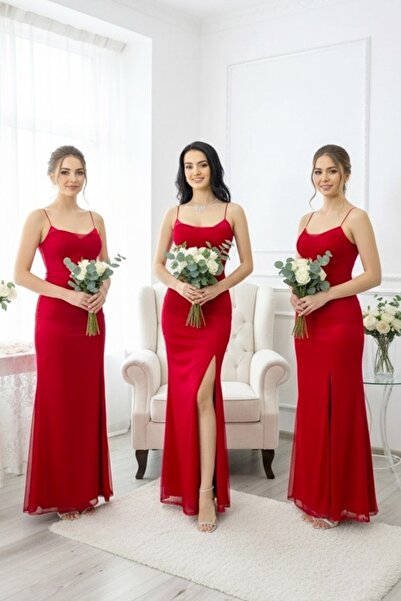 FashionForYou Σετ 3 τεμαχίων: Μακρύ σατέν φόρεμα MaryVelle με κορσέ, Κόκκινο,...