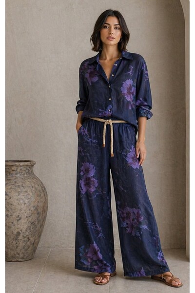 espoire butik kadın italyan keten desenli ikili takım 44 46 48 bedenlere uyum...