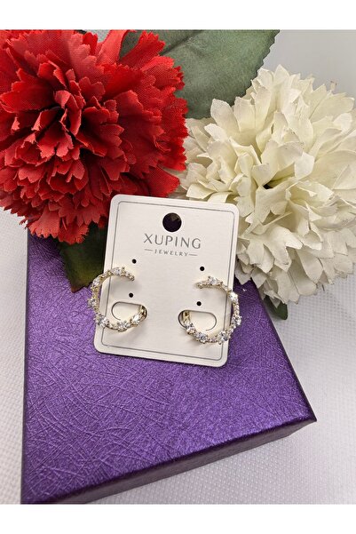XUPING JEWELRY KUYUMCU SERİ 14K RENGİ ZİRKON TAŞLI ÖNDEN ARKAYA DÖNEN ÇELİK KÜPE