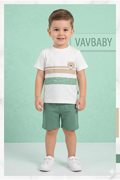 VaVbaby Boy's Teddy Bear Printed Striped Short Sleeve T-Shirt and Shorts Set ...