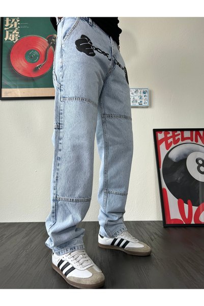 XPUPPETWEAR Buz Mavi Tasarım Baskılı Baggy Jean
