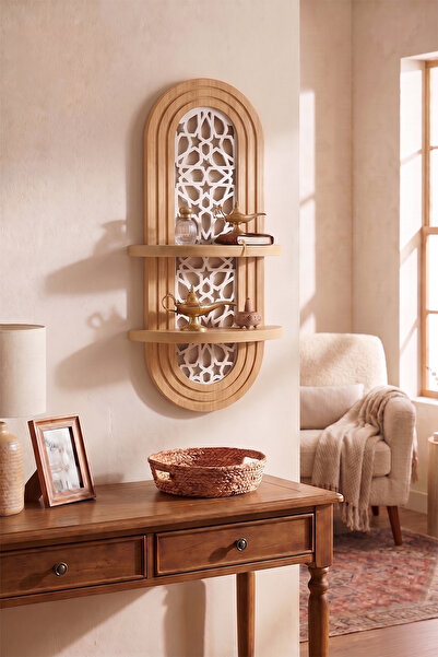 Artavessa Yıldızı Motifli Dekoratif MDF Duvar Rafı - 70x26 cm Çam Rengi Şık Tasarım Kitaplık Aksesuar Rafı