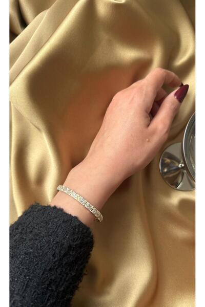 MonCheriAccessoire 14K Altın Kaplama Zirkon Taşlı Plaka Bileklik
