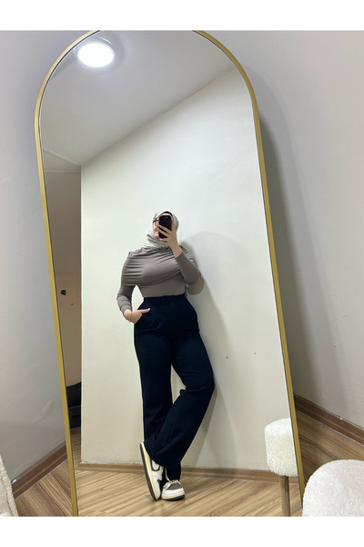 BNGL Boutique Drapeli kayık yaka sandy kumaş badi vizon renk